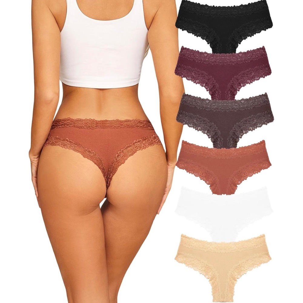 6 Pack Womens Ribbed Lace Trim Thong Panties Multi Color Cotton Blend L